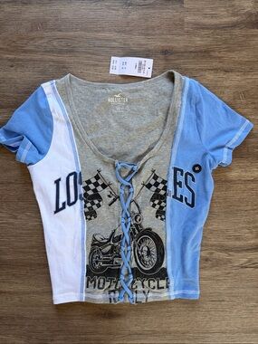 Hollister Colorblock Lace-Up Motorcycle Crop Top in Blue/Gray/White